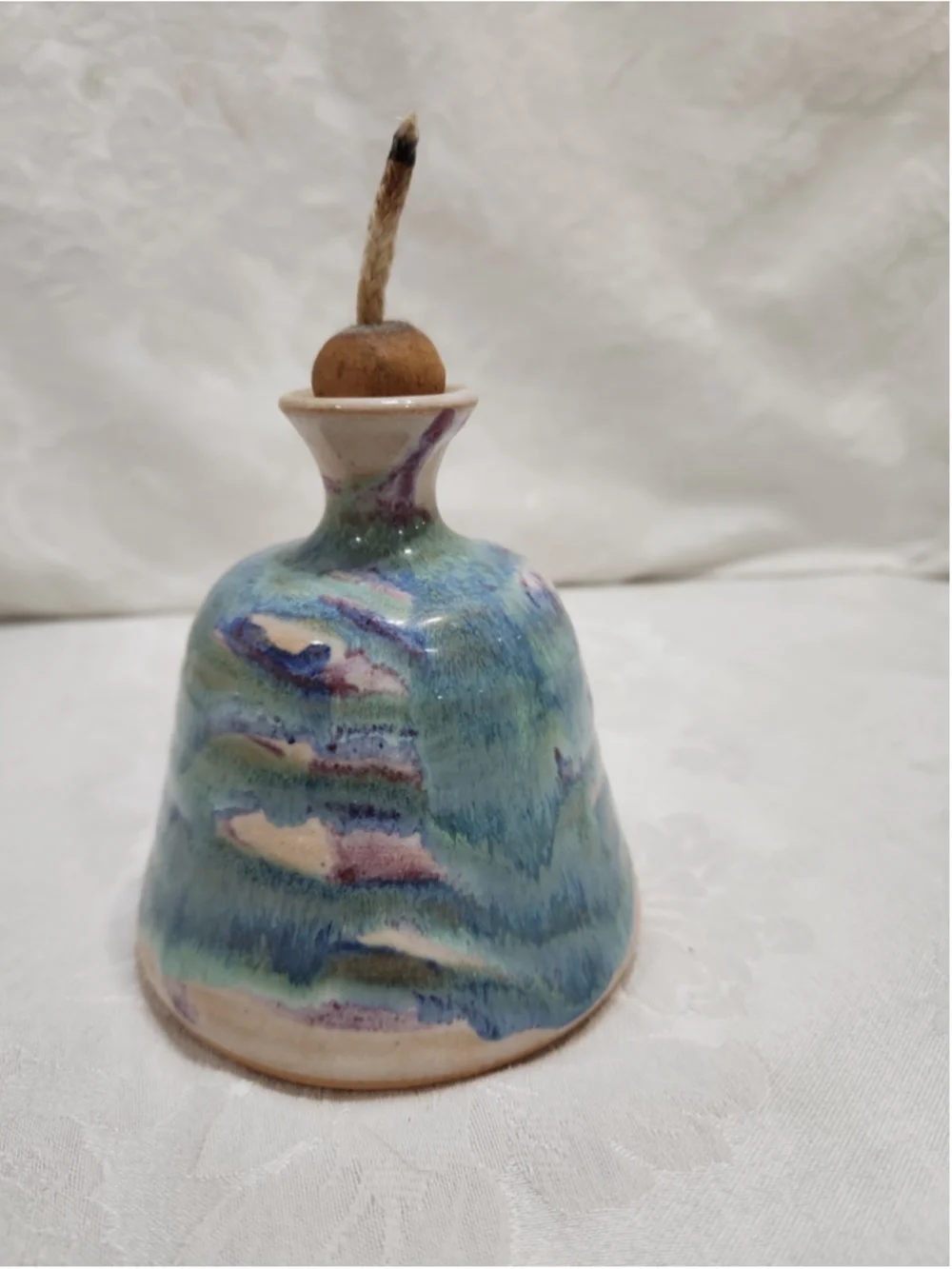 Hand Made Pottery Oil Lamp Signed, Blue, Lavendar, EUC